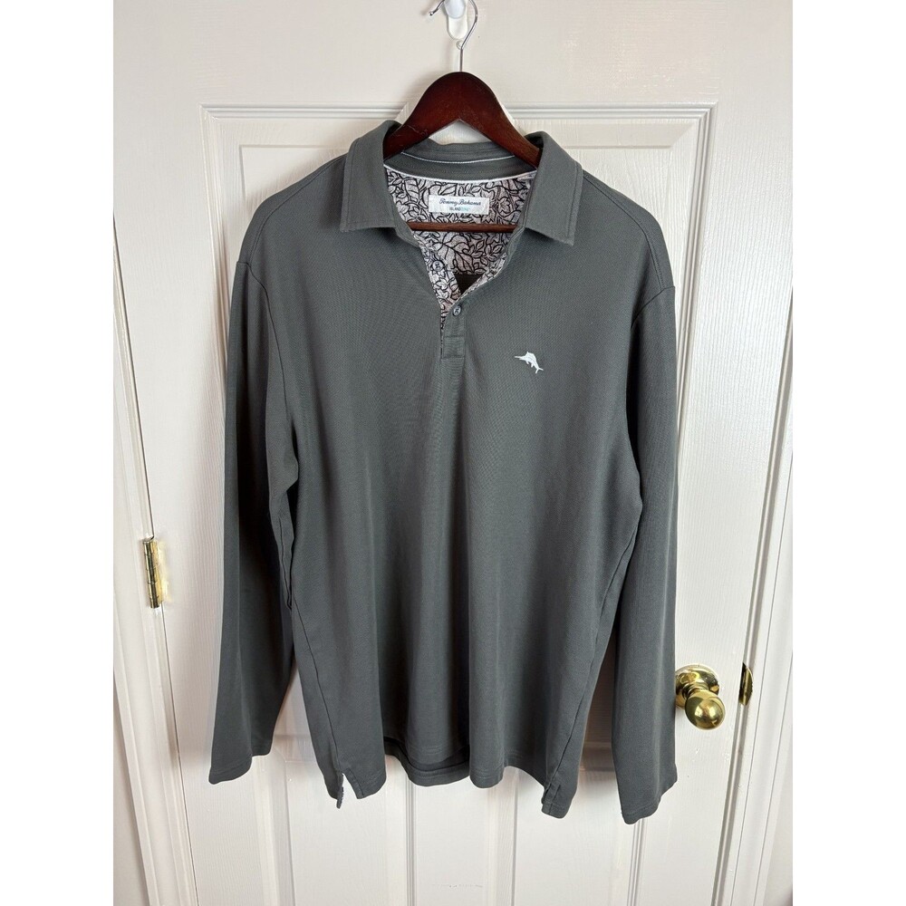 Tommy Bahama Polo Shirt Men's Large Grey Long Sleeve Supima Cotton IslandZone 87
